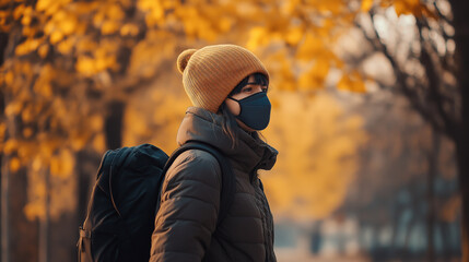 Fototapeta premium A woman in a hood with a face mask and a backpack in an autumn park, outdoor air pollution and PM2.5 prevention
