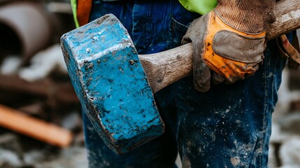 Close-up of a Worker Holding a Blue Sledgehammer