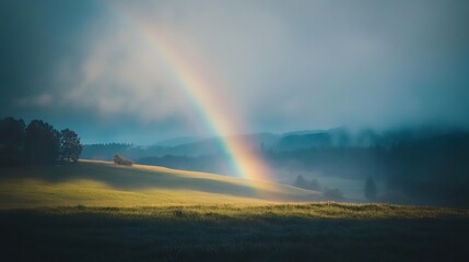 Vibrant rainbow arcing over a misty, green field and distant hills after a rain shower.