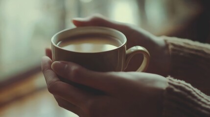 Morning coffee routine with hands holding a cup, perfect for lifestyle and wellness content