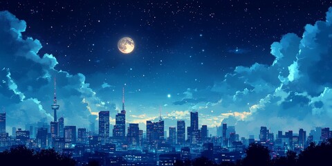 A stunning city skyline under a glowing full moon, surrounded by a starry sky, symbolizing beauty, calm, and urban serenity. Ideal for travel, cityscape, and night photography themes.