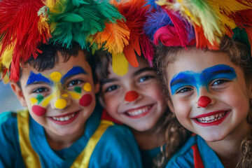 Obraz premium A group of children in colorful clown costumes, painted faces and feathers on their heads, smiling at the camera.