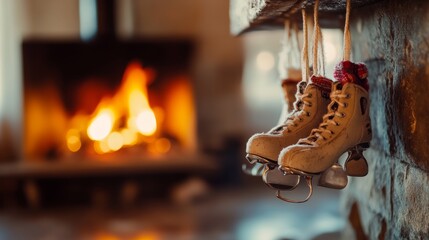 Cozy Winter Scene with Ice Skates by the Fireplace, perfect for holiday and winter season decorations, advertisements, and editorials