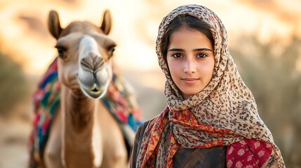 Young woman in headscarf with camel in desert at sunset.