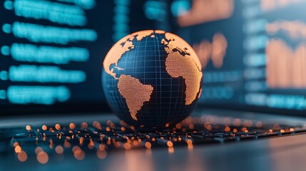 A digital globe sits on a laptop, with data visualization graphics in the background, symbolizing global connectivity and technology.