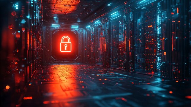 futuristic cybersecurity concept with neon lock in high-tech environment