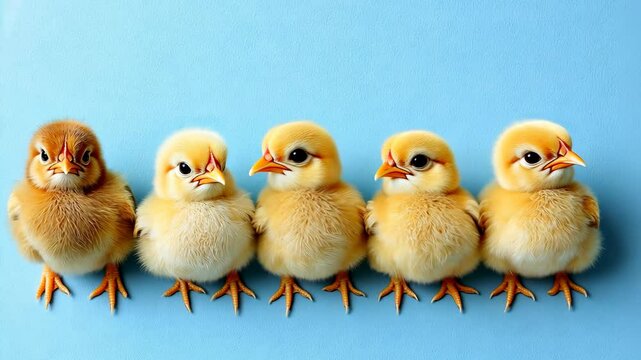Six fluffy chicks stand in a row against a light blue background, showcasing their adorable features and vibrant colors