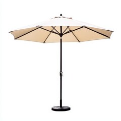White patio umbrella with a black base isolated on a white background for outdoor use