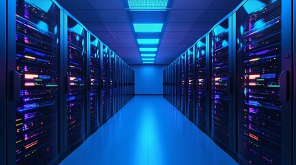 Fototapeta premium A sleek, illuminated server room featuring rows of servers with blue lighting, creating a modern and high-tech atmosphere.