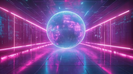 Fototapeta premium A neon pink and blue room with a glowing orb in the center