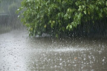 Close-up of a downpour, the water level is rising, in the background are bushes with rain running down them. Generative AI