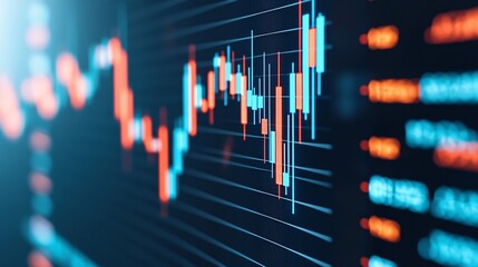 A close-up of a financial graph displaying colorful candlestick patterns, indicating market trends and fluctuations.