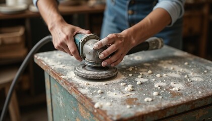 Individual using a sander to restore furniture in a rustic workshop setting