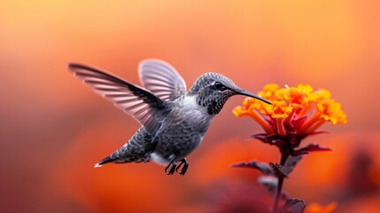Fototapeta premium vibrant hummingbird hovering near colorful flower at sunrise