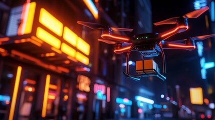 Futuristic Drone Delivery In Vibrant City At Night