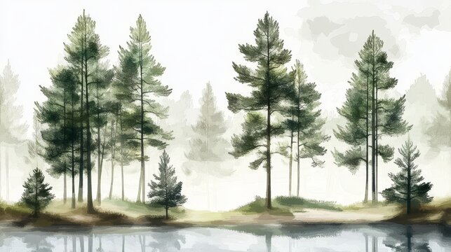 This digital illustration showcases a lush conifer forest, with towering pine trees reflected in a tranquil lake, evoking a deep appreciation for natures extraordinary beauty and tranquility