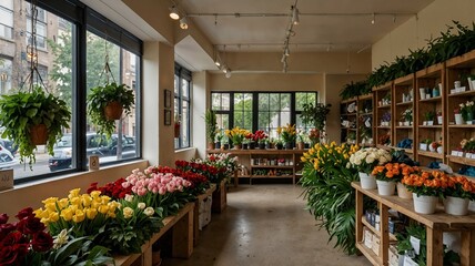 Flower shop interior with colorful bouquets and bright atmosphere filled with plants