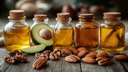 Healthy cooking oils, nuts, rustic kitchen