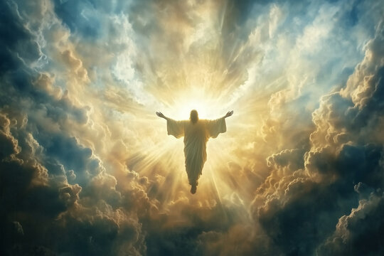 The resurrected Jesus Christ ascending to heaven above the bright light sky and clouds and God, Heaven and Second Coming concept - Powered by Adobe