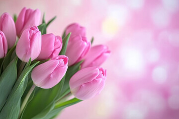 Fototapeta premium Beautiful Spring Floral Composition: Pink Tulip Bouquet on Pastel Pink Background for Valentine's Day, Birthday, Women's Day, or Mother's Day