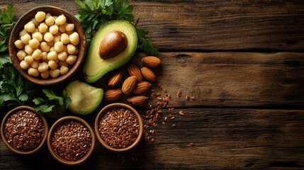 Healthy fats, wood background, food photography, recipe inspiration