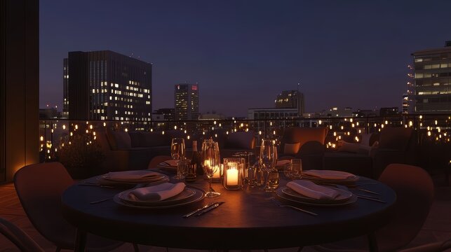 Romantic rooftop dining at night with city skyline backdrop under a starless sky