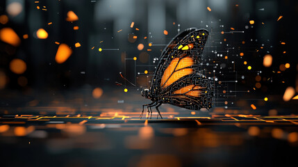 cybernetic butterfly with glowing circuits and orange wings flies through digital landscape, symbolizing fusion of nature and technology