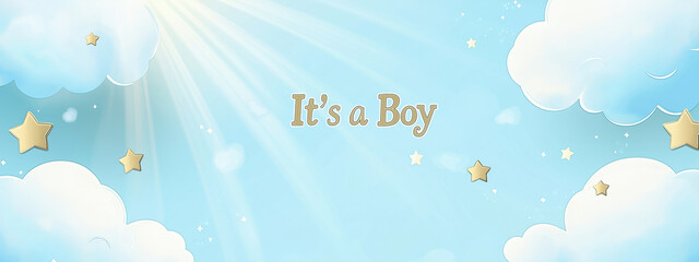Blue sky with clouds design celebrating the arrival of a baby boy