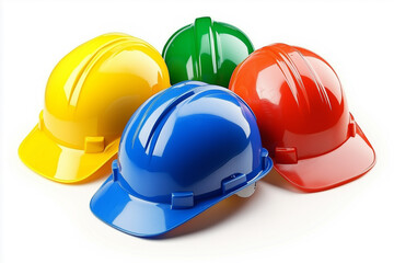Fototapeta premium Construction Safety Helmets in Various Colors on White Background – Industrial Protection Gear