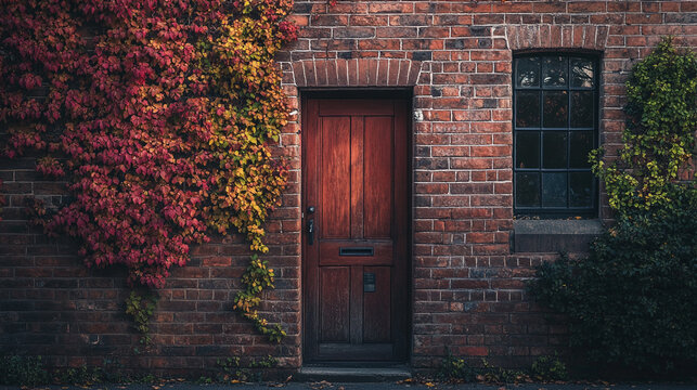 Charming red door surrounded by vibrant leaves in a quiet brick wall setting - Powered by Adobe