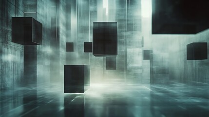 Dark, futuristic cityscape with floating black cubes and fog, reflecting on a glossy floor.