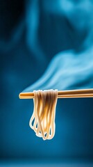 Closeup of Toshikoshi Soba noodles being lifted with chopsticks, steam rising against a serene background