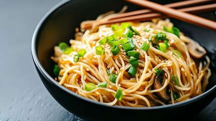 Japchae noodles glistening in sesame oil, served with fresh green onions and thinly sliced mushrooms