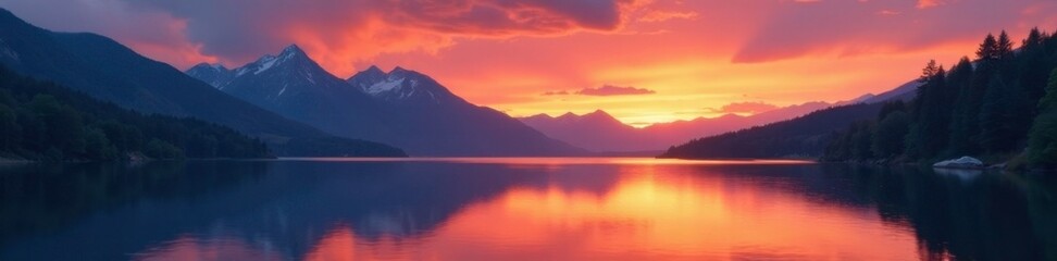 Fiery orange hues spread across a serene mountain lake at dusk, reflection, landscape