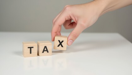 Hand placing wooden blocks spelling out tax on a white table
