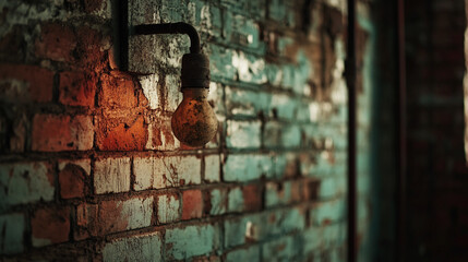 Rustic wall with exposed light bulb and peeling paint in an urban setting at dusk