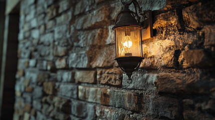 Warm glow of lantern illuminating rustic stone wall in cozy interior space