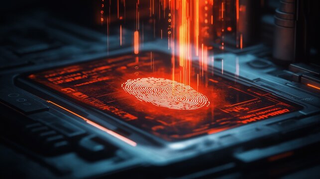 A computer screen shows a fingerprint on a red background - Powered by Adobe