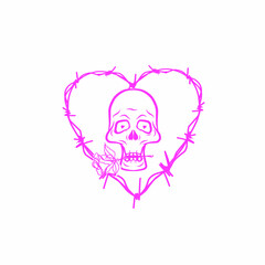 Vector skull with a rose inside a barbed wire heart, pink line art ideal for gothic, edgy, and alternative design themes