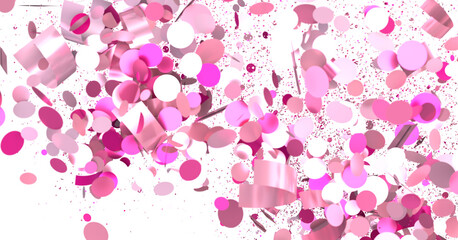 Falling pink and white confetti. Festive backdrop for party invitations, banners, or celebrations.
