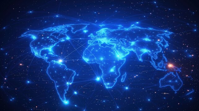 A blue and white globe with a network of lines connecting it