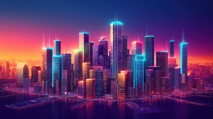 A city skyline with neon lights and a sunset in the background