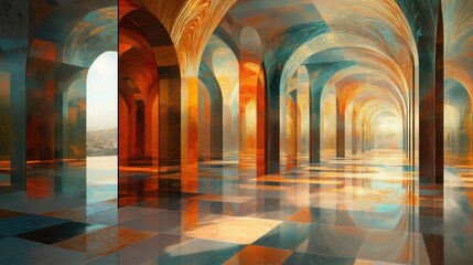Fototapeta premium A long hallway with arched doorways and a blue and orange color scheme