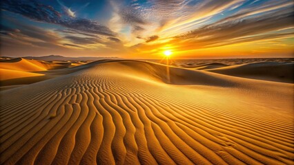 Naklejka premium Golden hues of sunset cast a warm glow on the undulating dunes of golden sand, warm, landscape, dune, horizon