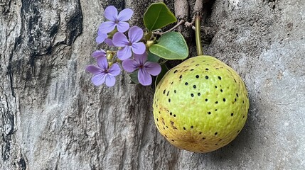 Purple flower, green fruit on tree bark, nature background, botanical illustration