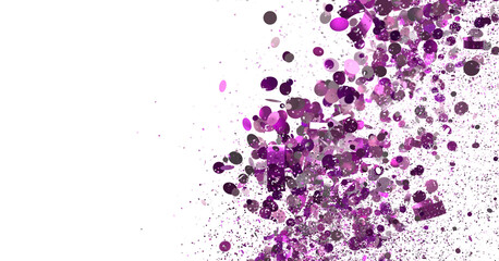 Fototapeta premium Festive purple confetti bursts across a white backdrop. Ideal for celebrations, parties, and design projects.