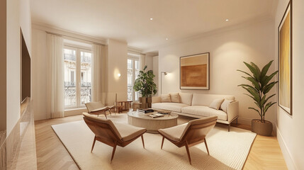 Interior design spacious bright studio apartment, White walled living room with kitchen equipped with serving hatch and sink with black faucet, 