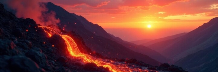 Fototapeta premium Fiery orange molten lava flows slowly down the mountain's slope at sunset, landscape, fire, golden light