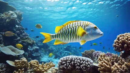 Obraz premium Tropical fish swimming gracefully among vibrant coral reefs in a clear blue ocean, showcasing the beauty of marine life and underwater ecosystems.