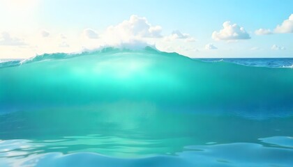 Fototapeta premium Turquoise ocean wave under blue sky with fluffy white clouds on a sunny day